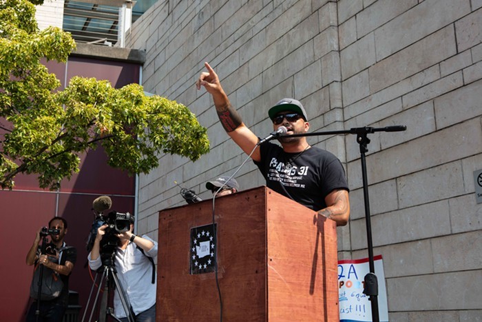 Joey Gibson speaking at a Patriot Prayer rally.