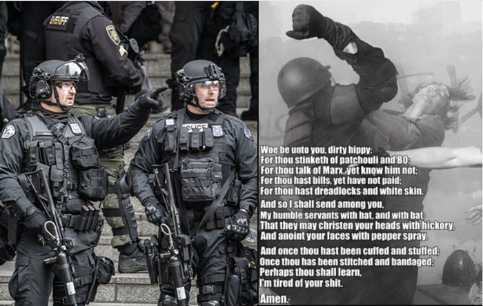 Members of PPBs rapid response team during a 2020 protest alongside a meme included in a RRT training presentation.