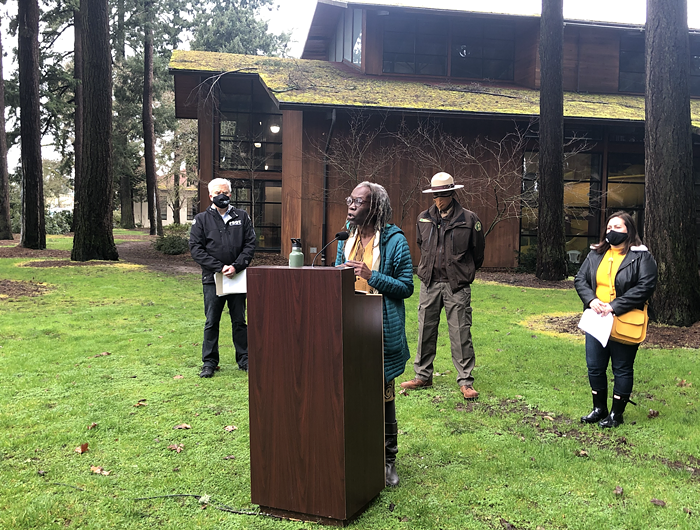 Commissioner Hardesty speaking at a Tuesday press conference in Mt. Scott Park.